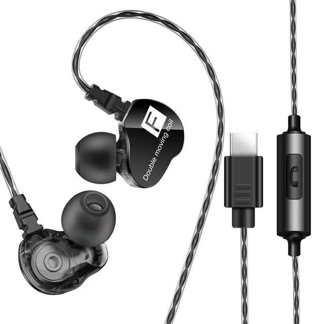 TYPE-C FOR Black Двойной диск в ухо наушники бас сабвуфер HIFI 4D качество звука музыка спортивные наушники Тип C гарнитура - Цвет: TYPE-C FOR Black