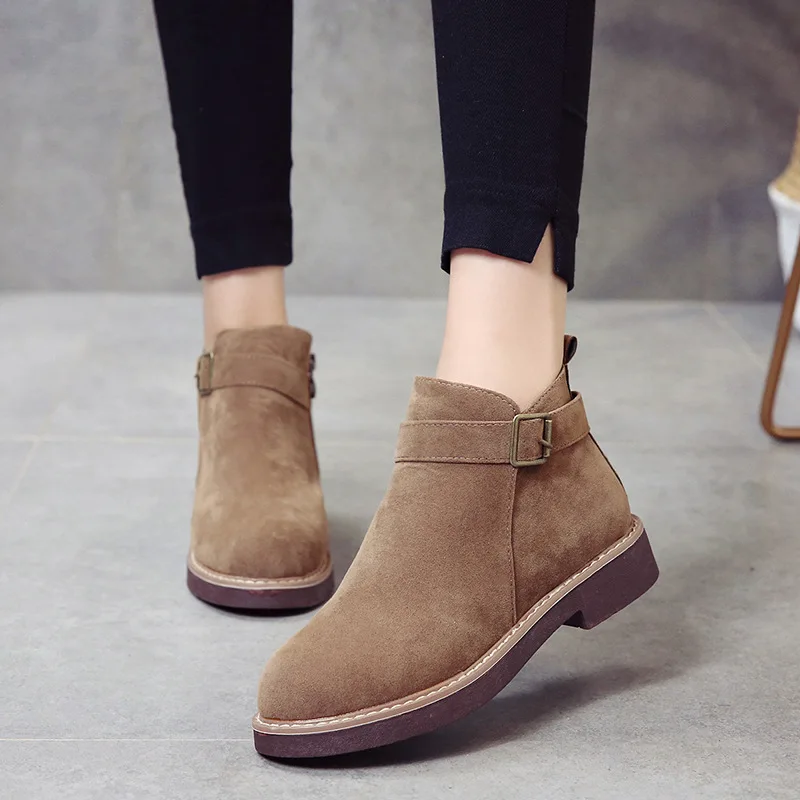 

Casual Winter Chelsea Boots Women Sewing Flock Solid Boots Square Heel Low Round Toe Zipper Ladies Shoes