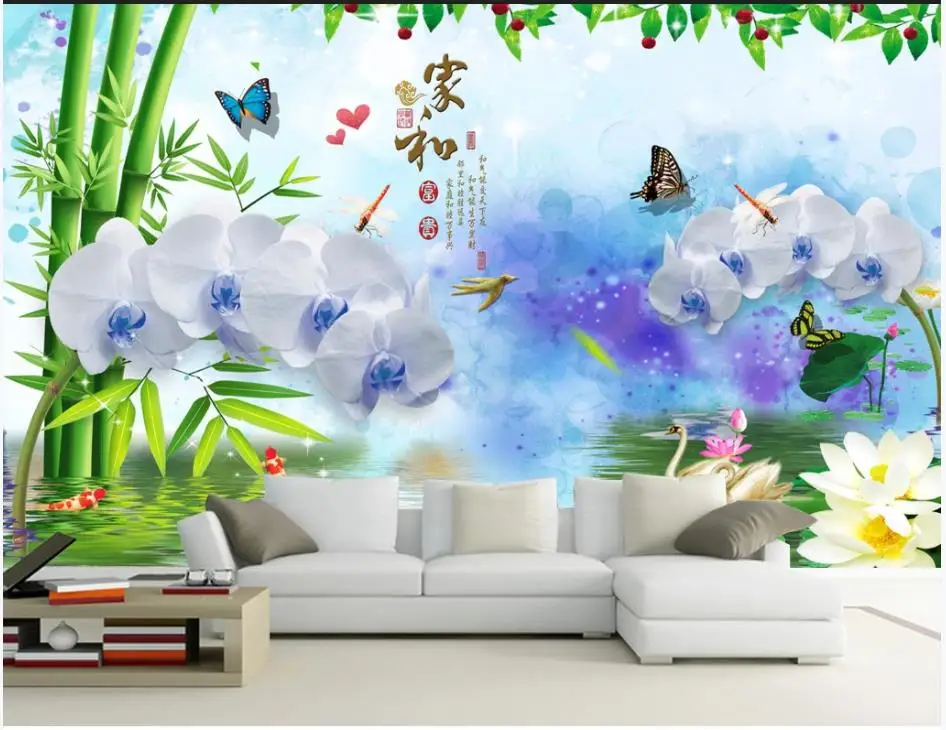 

Custom photo wallpaper for walls 3 d flower murals for living room Chinese style bamboo water phalaenopsis lotus background wall