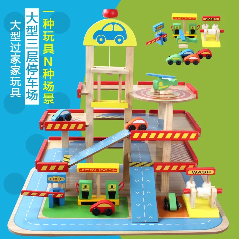 

Children Play House Toys Model Large Stereo Three Layer Wooden Parking Lot Toy Set Assembled Car Camera Track