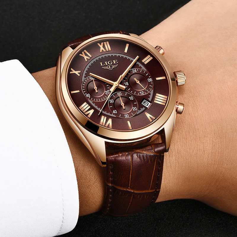 Наручные часы lige для мужчин лучший бренд класса люкс водонепроницаемые 24 часа дата Кварцевые часы коричневые кожаные спортивные наручные часы Relogio Masculino