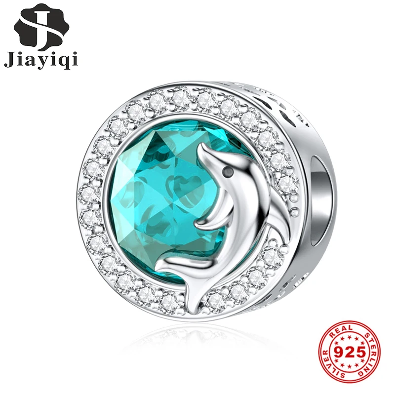 

Jiayiqi Dolphin Charms 925 Sterling Silver Blue Big Crystal CZ Beads Fit Pandora Charms Bracelets DIY Jewelry Making Gifts