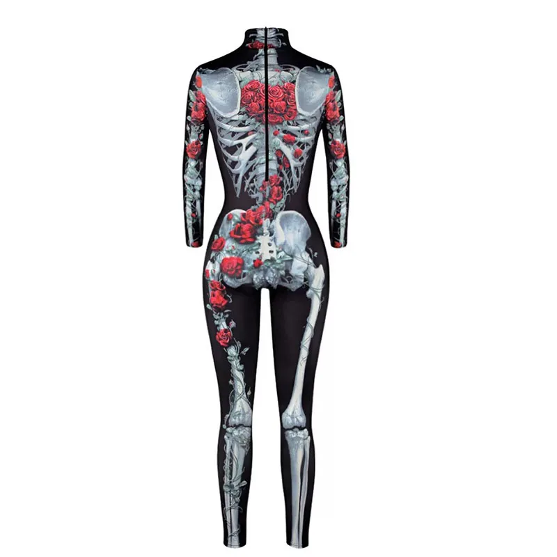 Adult Women Halloween Costume Fashion Scary Rose Skeleton Jumpsuit Ladies Fancy 3D Print Horror Catsuit Outfit For Girls S-XL