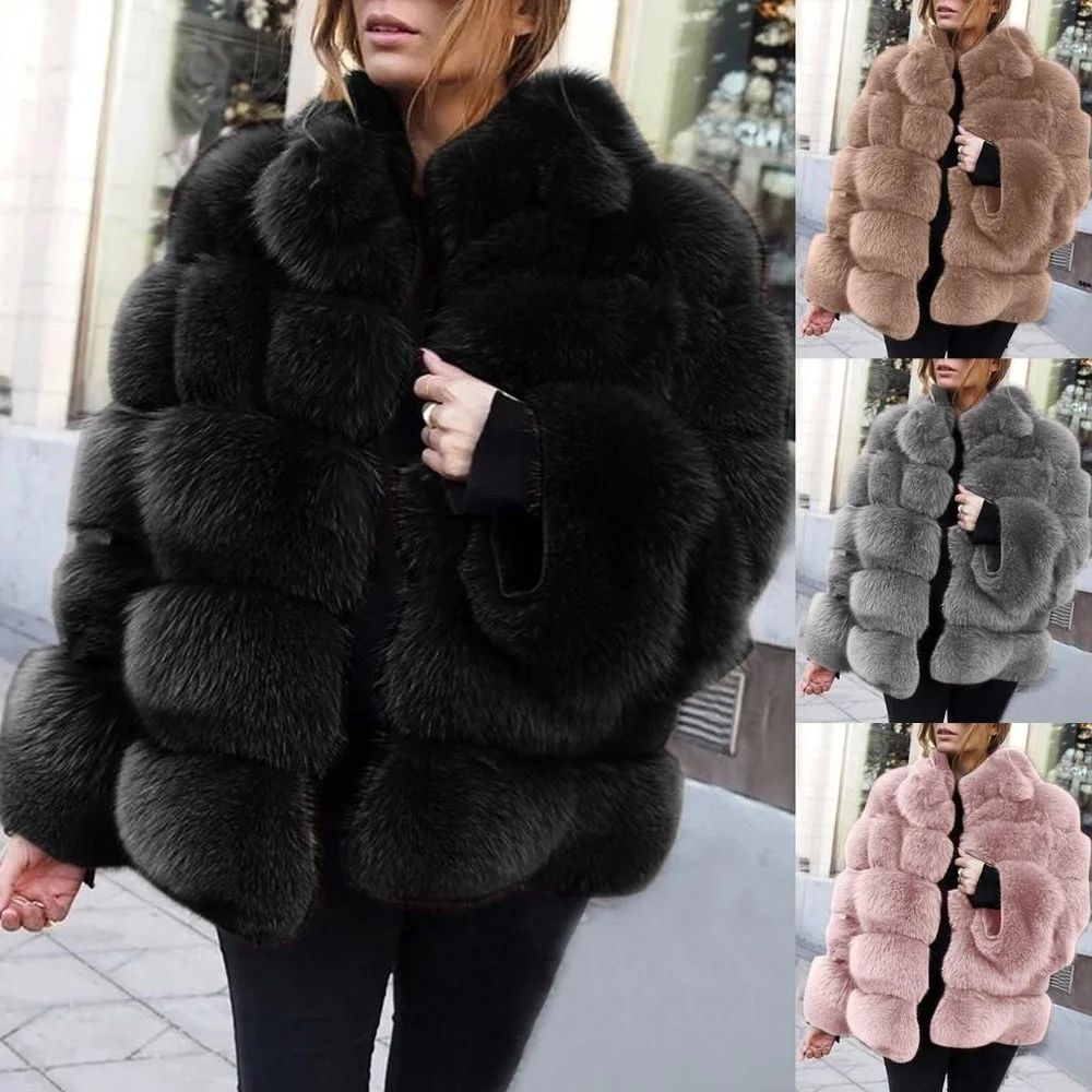2021 Fall Vintage Lady Warm Winter Fluffy OverCoats Short Clothes Plus Size Faux Fur Coat Women Spliced Artificial Jacket | Женская