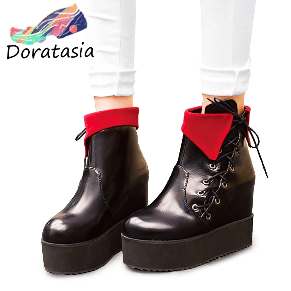

DORATASIA 33-47 Fashion lace-up High Platform Booties Ladies Height Increasing Ankle Boots Women 2020 High Wedges Shoes Woman