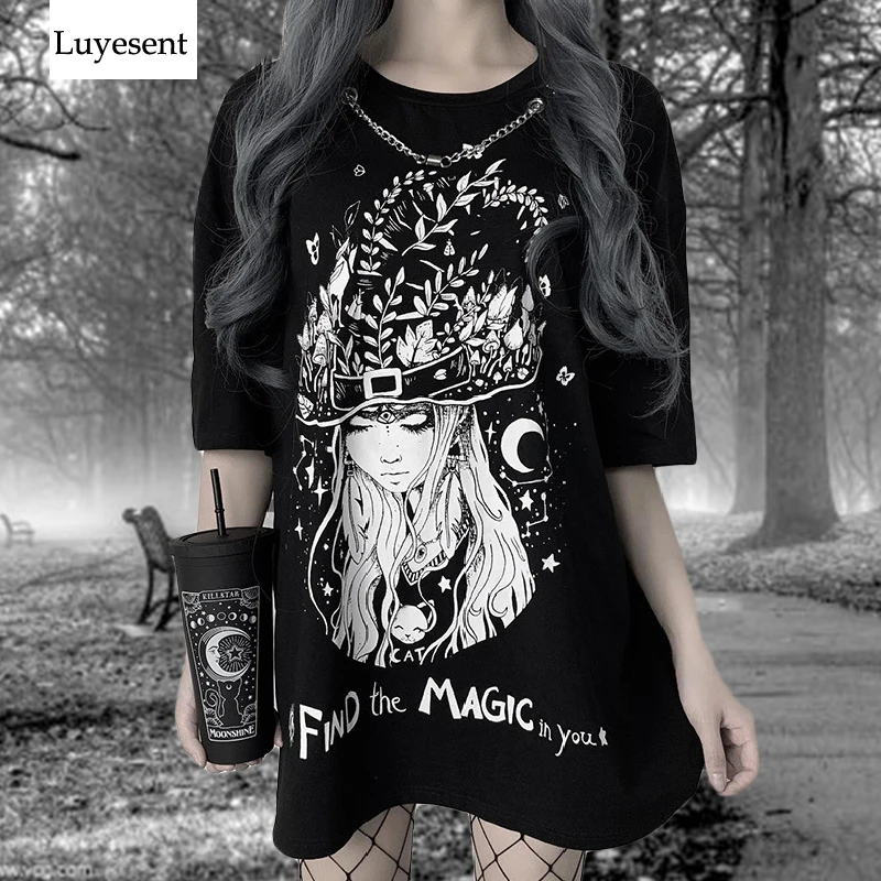 Black Dark Goth Woman Long T-shirts 2020 Lady Witch Cartoon Print Eyelet Chains Hipster Tshirt Gothic Punk Cool Basic Dress Top