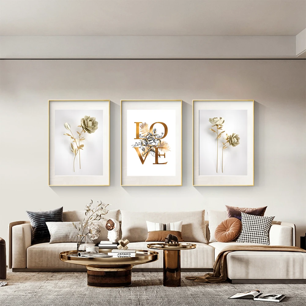 Golden plant leaves and flowers Wall art canvas painting Wall Pictures for Living Room Nordic Decoration Pictures morden decor