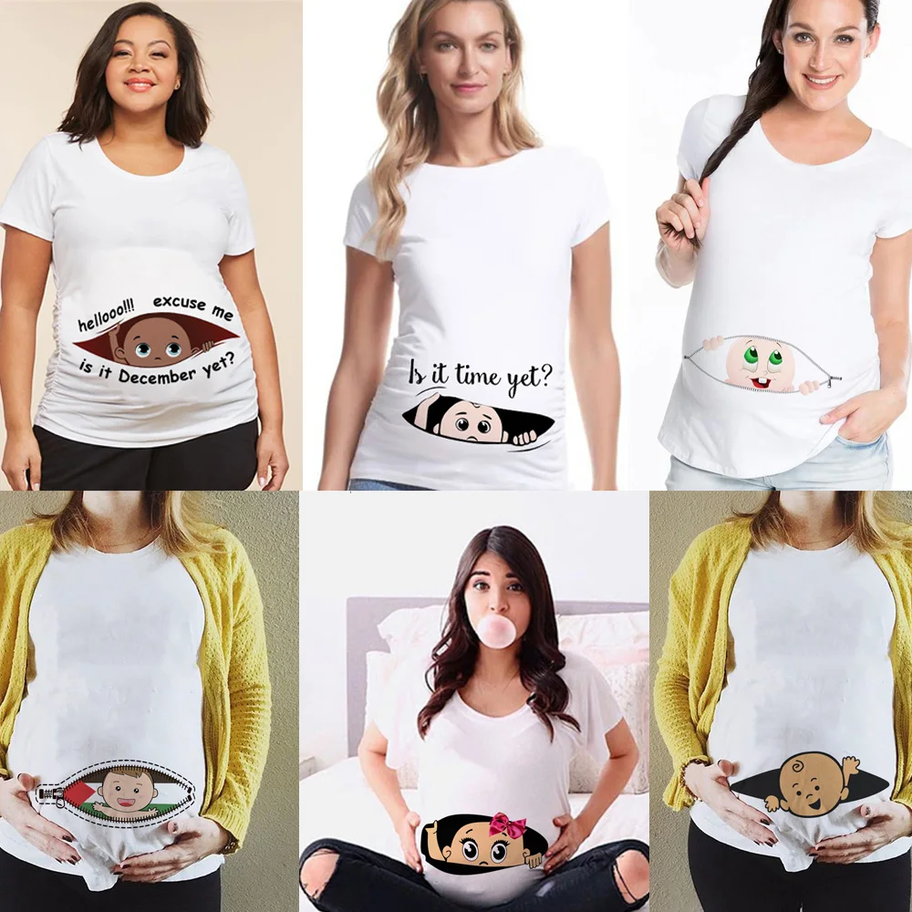 Cartoon Heart Print Staring Women Maternity Pregnant Short T-shirt Funny Shan 