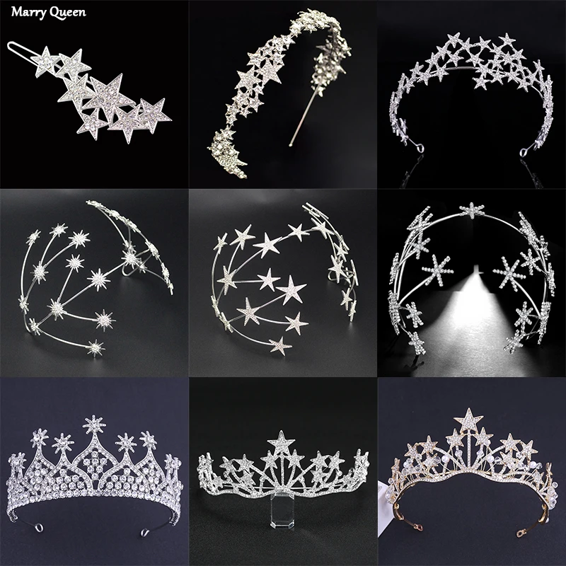 

New Baroque Fashion Star Crown Rhinestone Tiara For Bridal wedding Star Headdress Handmade Crystal Hair Accessories Headbands