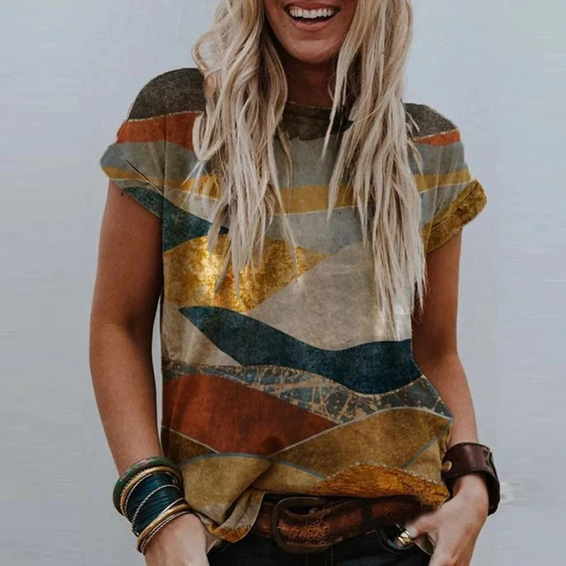 Verão o Pescoço Vintage Padrão Impressão Blusa Camisa Feminina 2021 Manga Curta Solta Tops Pulôver Feminino Casual Streetwear 3xl 16 Moda Feminina