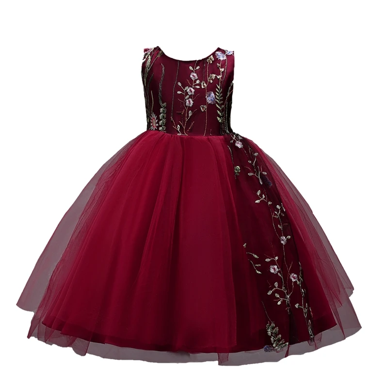 burgundy It's Yiya/Платья с цветочным узором для девочек 5 цветов, элегантное бальное платье без рукавов с круглым вырезом, платья в пол, детские праздничные пышные платья, 825 - Цвет: burgundy