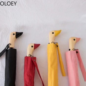 

Creative Duck Automatic Folding Umbrella Yellow Small Sun Parasol Girl Gift Wood Umbrella Women Girls Umbrellas Japanese Parasol