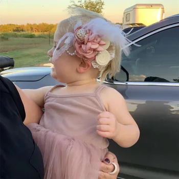 

Vintage Baby Girl Headband Hair Accessories Lace Hair Band Rhinestone with Feather Headband Newborns Headwrap Photography Props