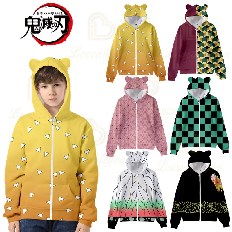 

2020 New Japanese Anime Demon Slayer's Coaplay 3D Printed Cat Ears Zipper Hoodie for Spring Autumn Kids 100-170 Hoodies