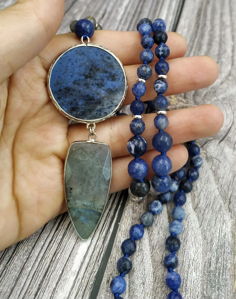 YA4049 Sodalite Circle Labradorite Pendant S Beads Knot Handmade Necklace