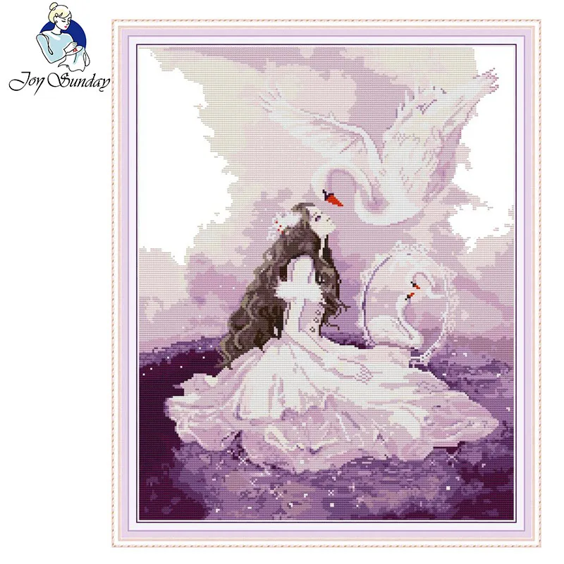 Красота и Лебедь Печатный холст 14CT Набор для вышивки крестиком DIY Ручная счетная