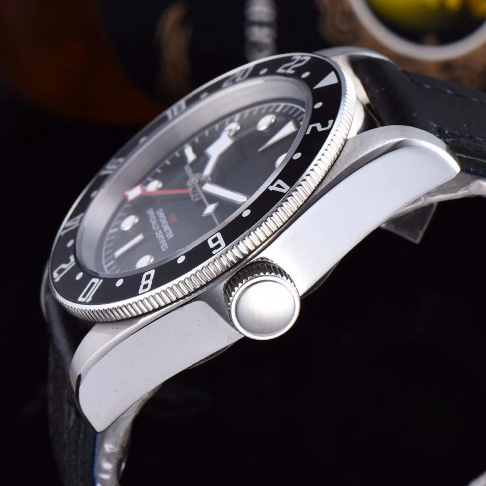 Роскошные часы топ бренда 41 мм Corgeut механические мужские часы сапфир GMT Мужские автоматические военные спортивные часы с календарем кожаные