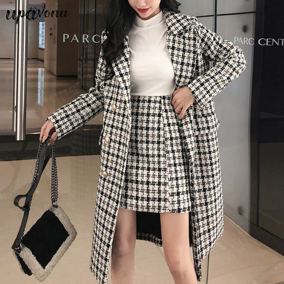 2020 New Women's Houndstooth Set Two Piece Sexy Lapel Long Sleeve