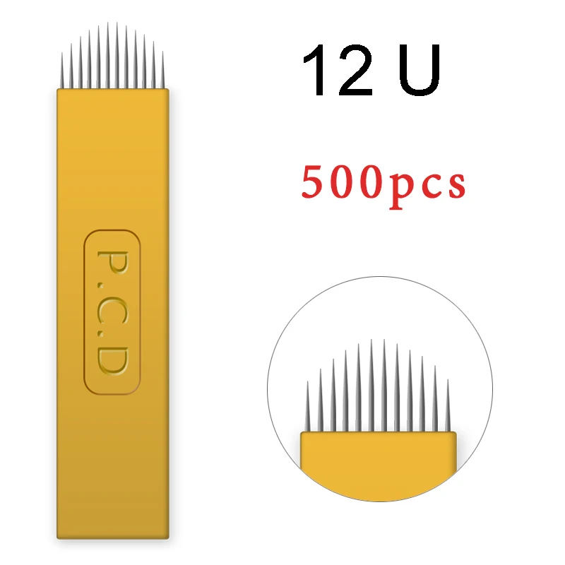 500 шт Перманентный микроблейдинг иглы жесткие PCD иглы 12/14/12u/14U/18U булавки для 3D вышивки ручной аппарат в виде ручки для татуажа бровей - Габаритные размеры: 500pcs 12 U