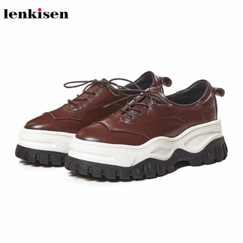 

Lenkisen leisure comfortable genuine leather round toe high heels lace up campus mixed colors autumn women vulcanized shoes L36