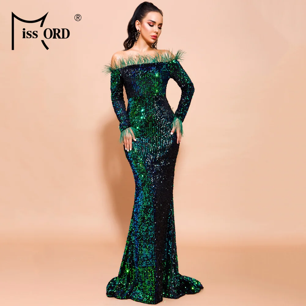 Missord 2019 сексуальное платье с открытыми плечами перо длинными рукавами со
