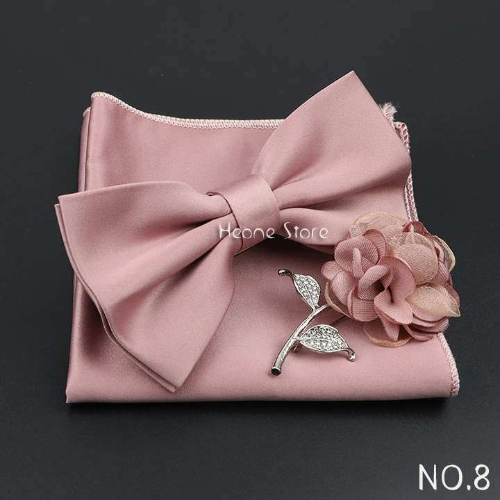 Mens Wedding Bow Tie Brooch Set Romantic Solid Color Silk Polyester Jacquard Woven Bowtie Lapel Pin Hanky Men Gifts Accessories