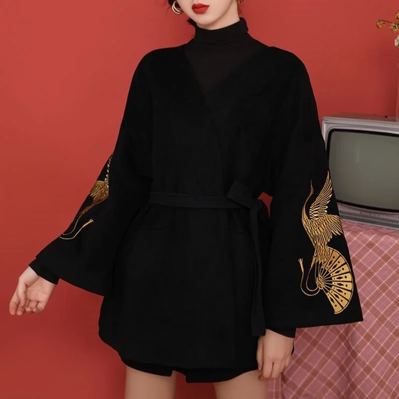 Black Ladies Chinese Tops Japanese Kimono Haori Hanfu Cheongsam Top Tang Suit New Year Chinese Style Clothing Women 11492