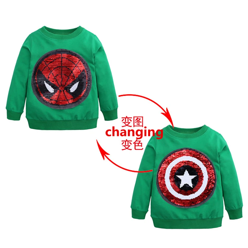 Green Детская футболка с блестками, меняющим лицо хлопок футболка с рисунком marvel футболка с человеком-пауком футболка с длинными рукавами на осень и зиму - Цвет: Green