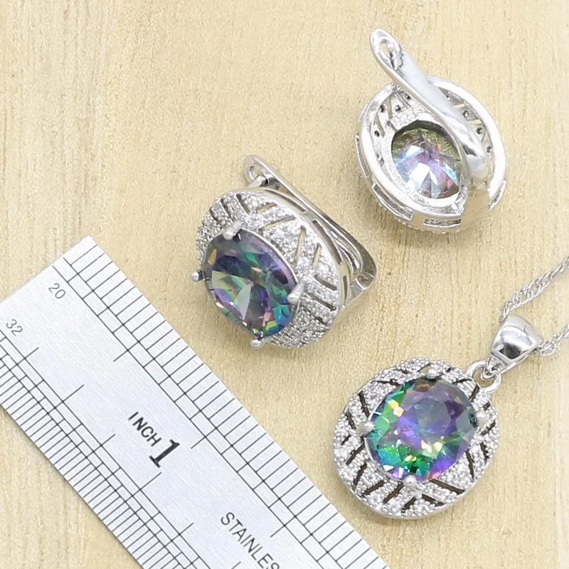 Silver Color Jewelry Set for Women Rainbow Cubic Zirconia Hoop Earrings Necklace Pendant Ring Party Birthday Gift