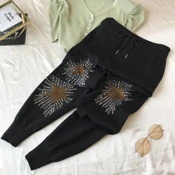 

2020 Spring Summer New Women's Pants Heavy Industry Light Diamond Elastic Waist Loose Casual Pants Women Thin Knitted Trousers