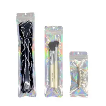 

100 Pcs Hologram Aluminum Foil And Transparent Zip Lock Bags Long Plastic Watch Pen Jewelry Cosmetic Usb Data Cable Bags