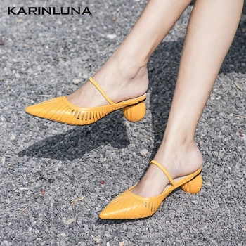 

Karinluna On Sale New Plus Size Round Heels Genuine Leather Summer Sandals Slipper Mules Pumps Woman Shoes Women