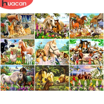 

HUACAN Diamond Embroidery Animal 5D Diamond Painting Horse Full Drill Mosaic Farm Flowers Sale Home Decor