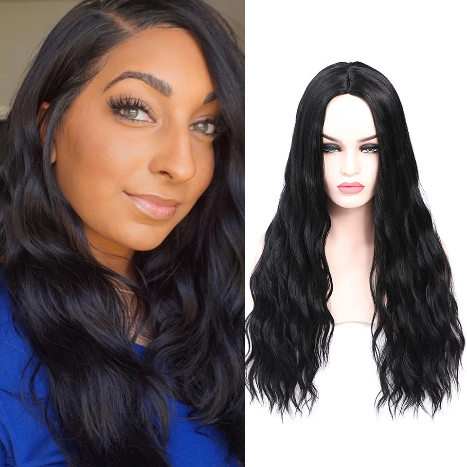 

FREEWOMAN Black Synthetic Wigs for Black Women Wavy Cosplay Wig Middle Part Curly Wig Cosplay Synthetic Hair Heat Resistant