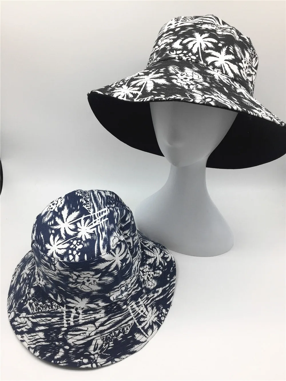 Women Canvas Floral Print Bucket Hat Lady Girls Coconut Palm Print Fisherman Hat Female Cotton Sun Prevent Double Layers Hats