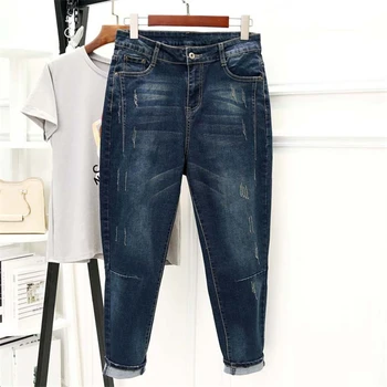 

2020 Boyfriend Jeans Women Loose Elastic Denim Harem Pants Trousers Women Vintage Large Size Black Wide Leg Mom Jeans 5XL B808