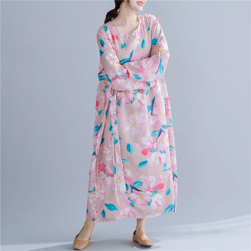 

Johnature Autumn Long Sleeve Floral Print Pockets O-neck Plus Size Lace Up Dress 2019 New Fashion Loose Comfortable Women Dress