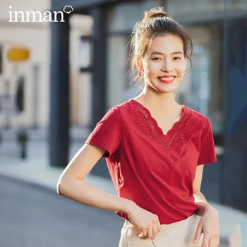 

INMAN 2020 Summer New Arrival Literary All-match V-neck Personality Embroidered Pure Color Base Short Sleeve T-shirt