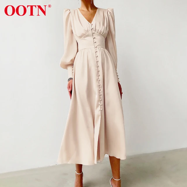 OOTN Beige Single Breasted Sexy Dress Party Clud High Waist Satin Long Dress Elegant V Neck Women Midi Dresses Lantern Sleeve 1