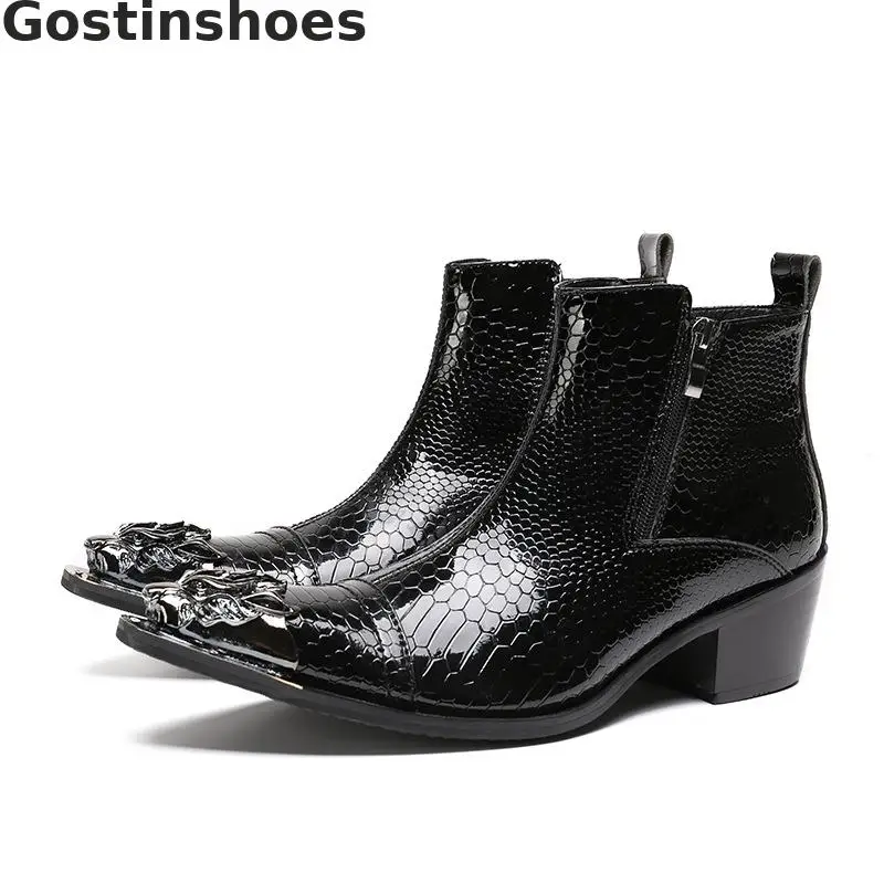 

Men Boots Genuine Leather Black Snakeskin Printed Men Short Ankle Boots Side Zipper Metal Capped Toe Fashion Men Work Boots