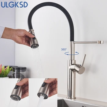 

ULGKSD Pull Down Kitchen Faucet 360 Rotatable Mixer Tap Single Handle Single Holder Hot&Cold Water Mixer Black Leather Tube
