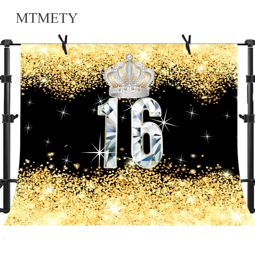 

MTMETY Happy Birthday Sweet 16 Backdrop for Photography Crown Gold and Black Birthday Party Background for Photo Booth Props
