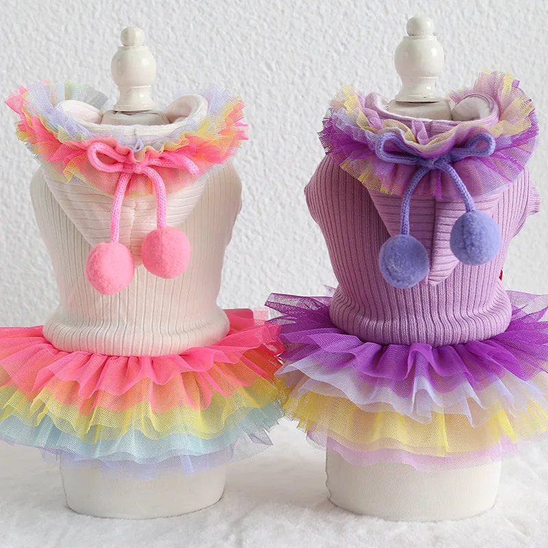 

Autumn and Winter Wool Ball Rainbow Printed Dog Dress White Purple Color Warm Cotton Padded Two Feet Pet Clothes Dog Apparel