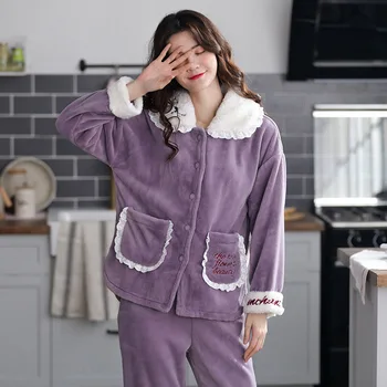 

Women Pajama Sets Band Fashion Autumn Winter Thick Flannel Pajamas Home Warm Coral Flannel Set Pyjamas Sleepwear Pyjamas