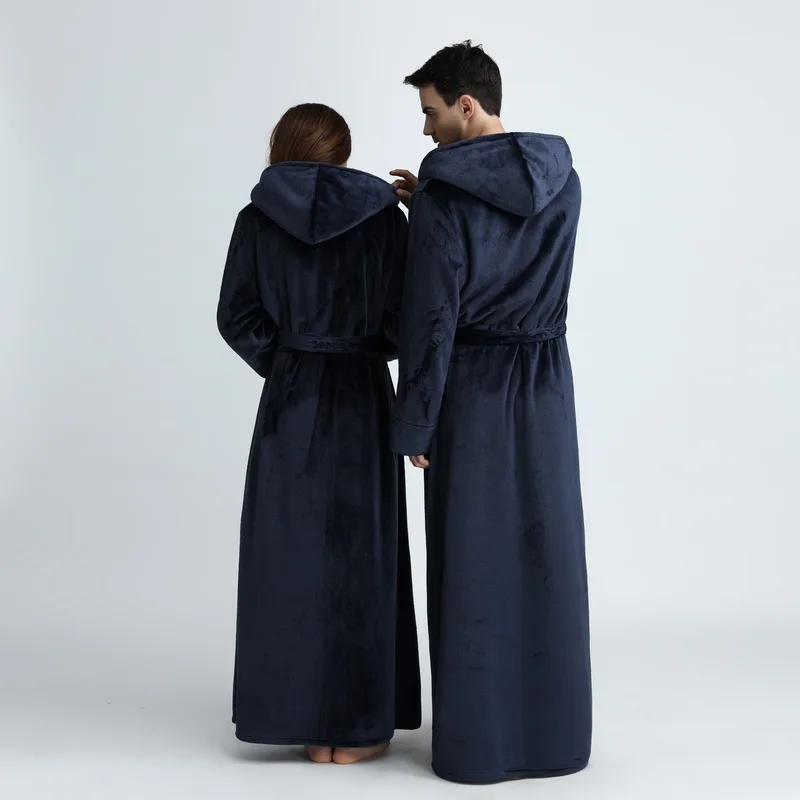 Women Men Winter Plus Size Flannel Bathrobe Extra Long Hooded Warm Lovers Thick Kimono Bath Robe Cozy Coral Fleece Dressing Gown women sleepwear cotton bathrobe