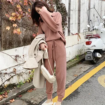 

Chic Sweater Pants 2 Pieces Set V-neck Knitted Pullovers & Pencil Pants Autumn Winter Sweater Set Tracksuit Women Trousers Suit