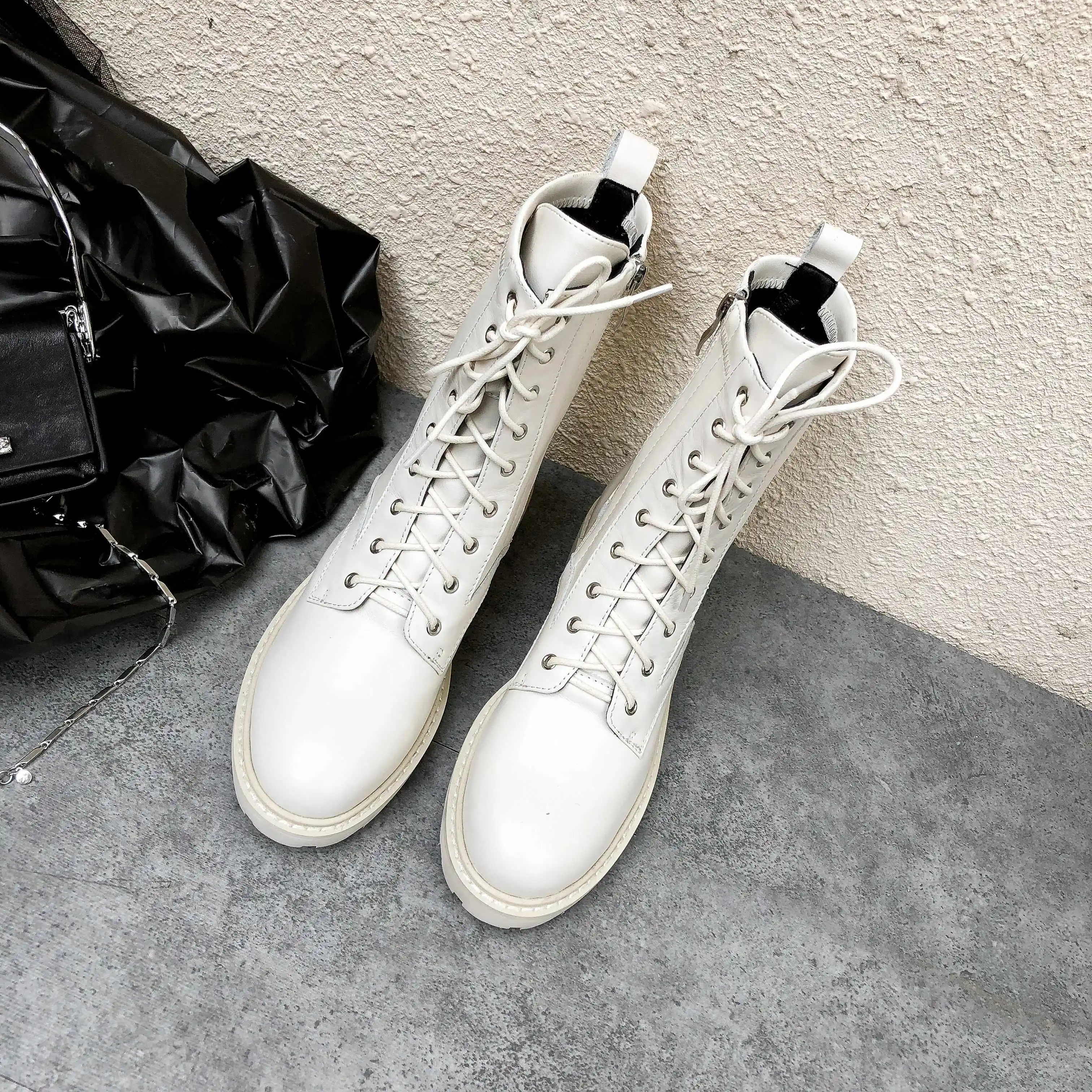 Lenkisen classic British lace up genuine leather round toe med heels fashion basic women winter keep warm mid-calf boots L73