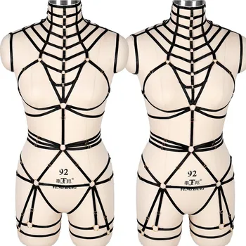 

Fashion Strappy Body Harness Black Sexy Cage Tops Summer Party Punk Goth Plus Size Lingerie Elastic Bra Garter Belts Full Set