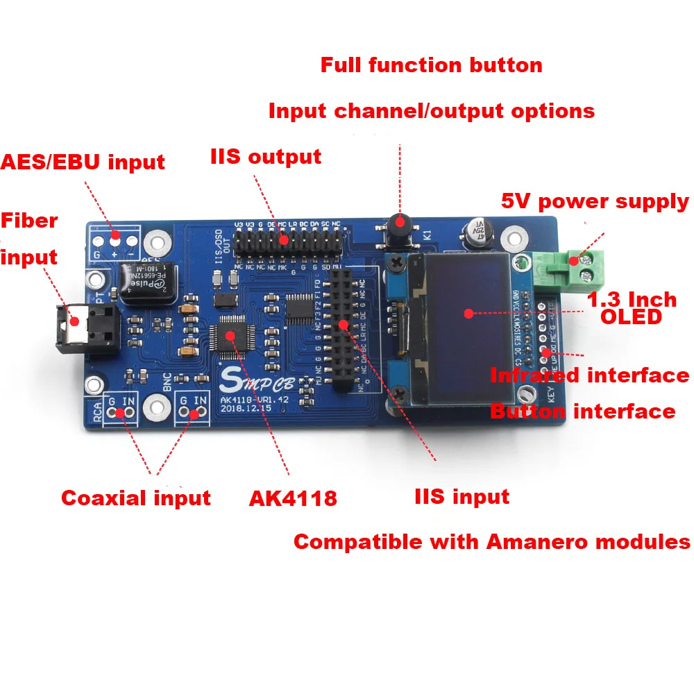 AK4118 Digital Receiver Board Audio Decoder DAC SPDIF to IIS Coaxial Optical USB AES EBU Input Support XMOS Amanero 1.3inch OLED