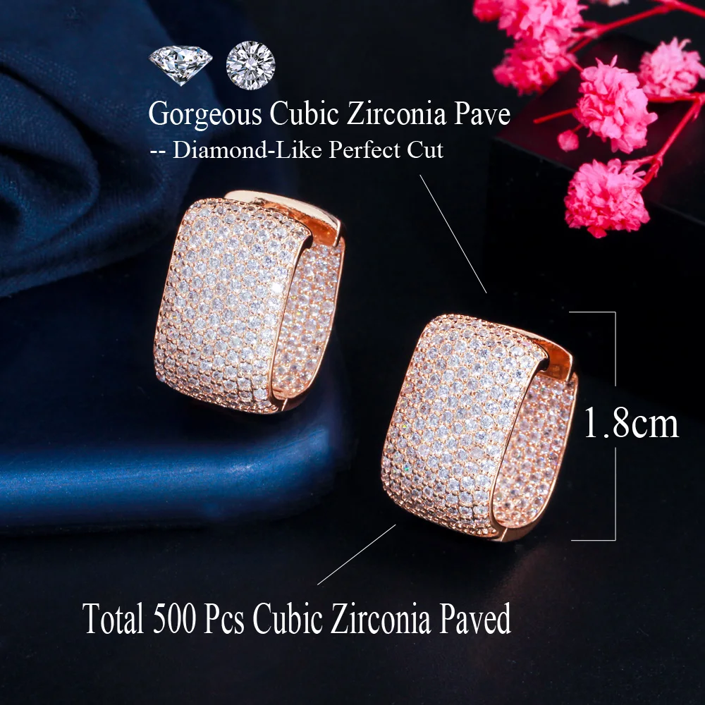 CWWZircons Double Sided Micro Paved Cubic Zirconia White Gold Color CZ Stone Rectangle Hoop Earrings for Ladies Jewelry CZ910 - Image 3